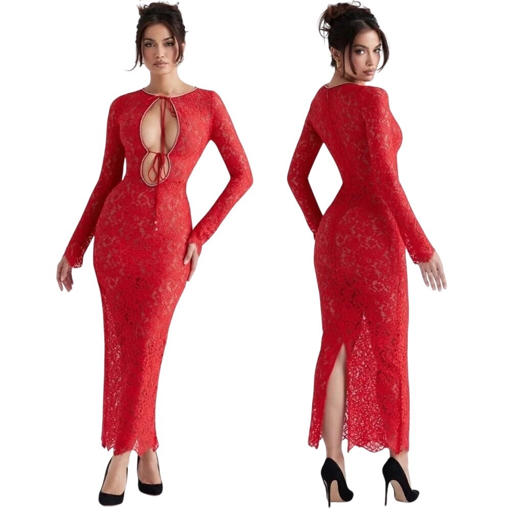 NWT House of CB Lisandra Red Lace Maxi Dress Size XS Red Long Sleeve Formal Gala